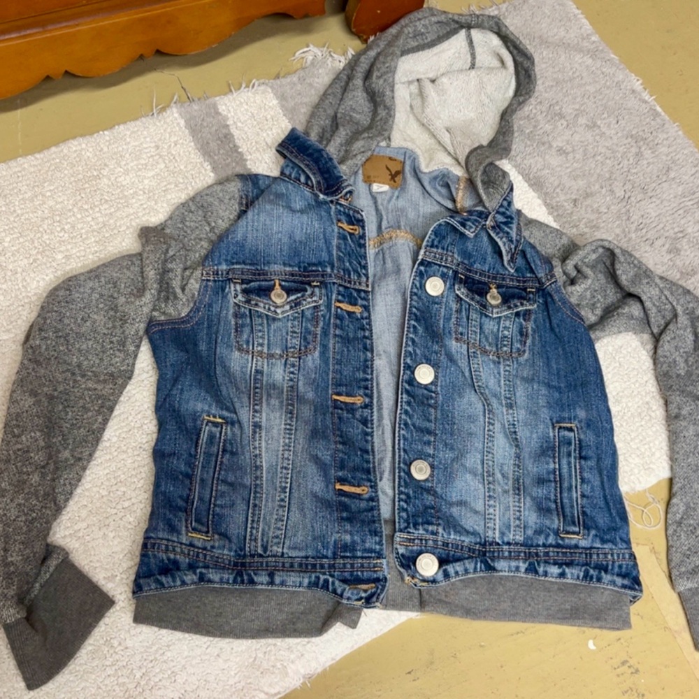 American Eagle Outfitters Blue Denim and Gray Hooded Jacket